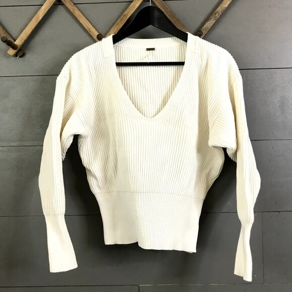 Free People Sweaters - Free People Knitted Ribbed V Neck Sweatshirt Cream White Cropped Womens Size XS